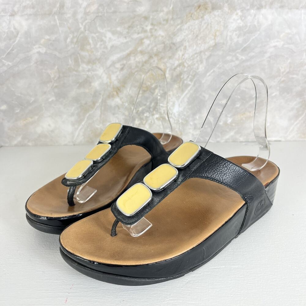 Fitflop Black Thong Wedge Sandals Women's 9 Leather Strap w/ Yellow Accents